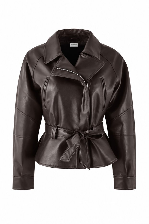 Zra Peplum Bitter Brown Belted Leather Jacket