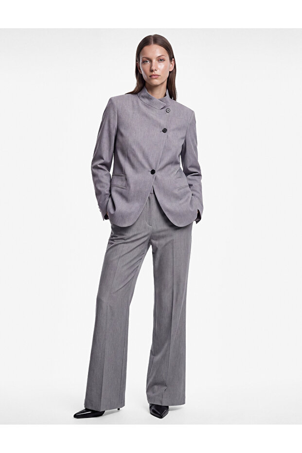 Regular Fit Long Sleeve Buttoned Stand Collar Double Breasted Blazer Jacket with Pockets