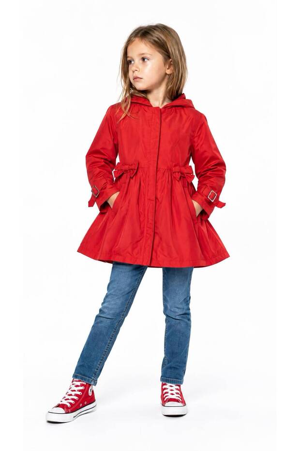 Girl's Red Waterproof Hooded Zippered Raincoat with 100% Cotton Lining