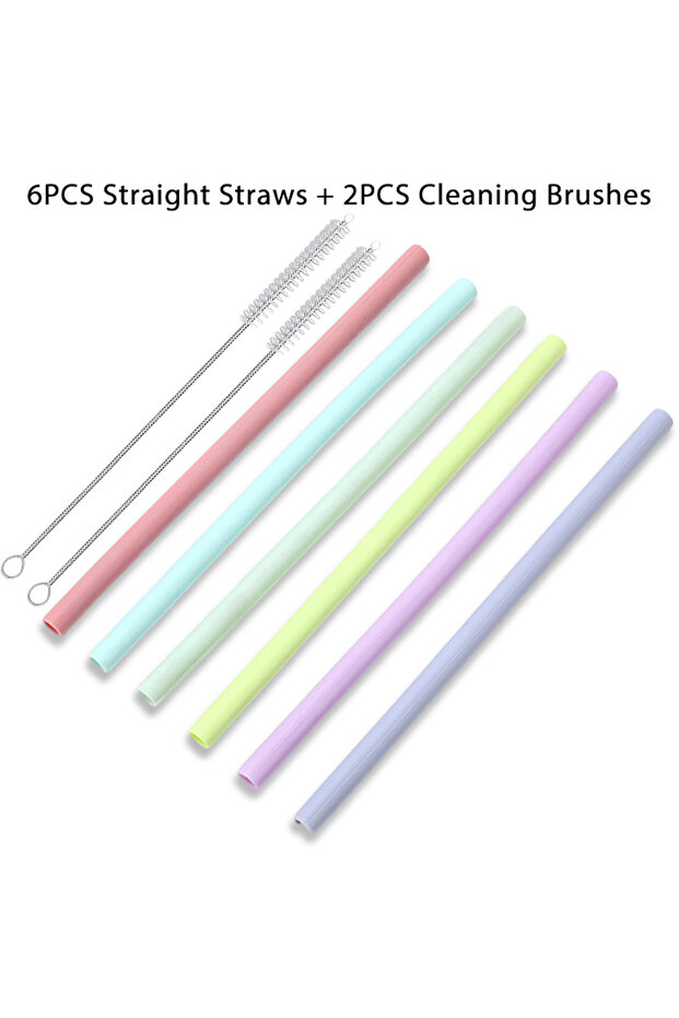 8pcs-l Reusable Silicone Straws Set with Cleaning Brushes, for Water, Milk, Juices, Smoothies, Flexi