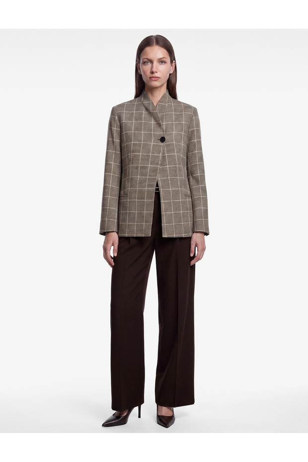 Long Sleeve Pocketed Buttoned Plaid Patterned Double Breasted Collar Blazer Jacket