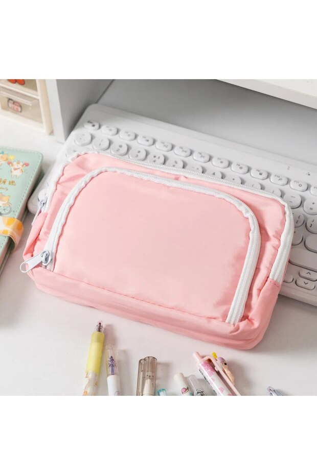 No logo-Pink Kawaii Pencil Case 3 Layers Cute Pen Bag Large Capacity Korean Organizer Pouch for Stud