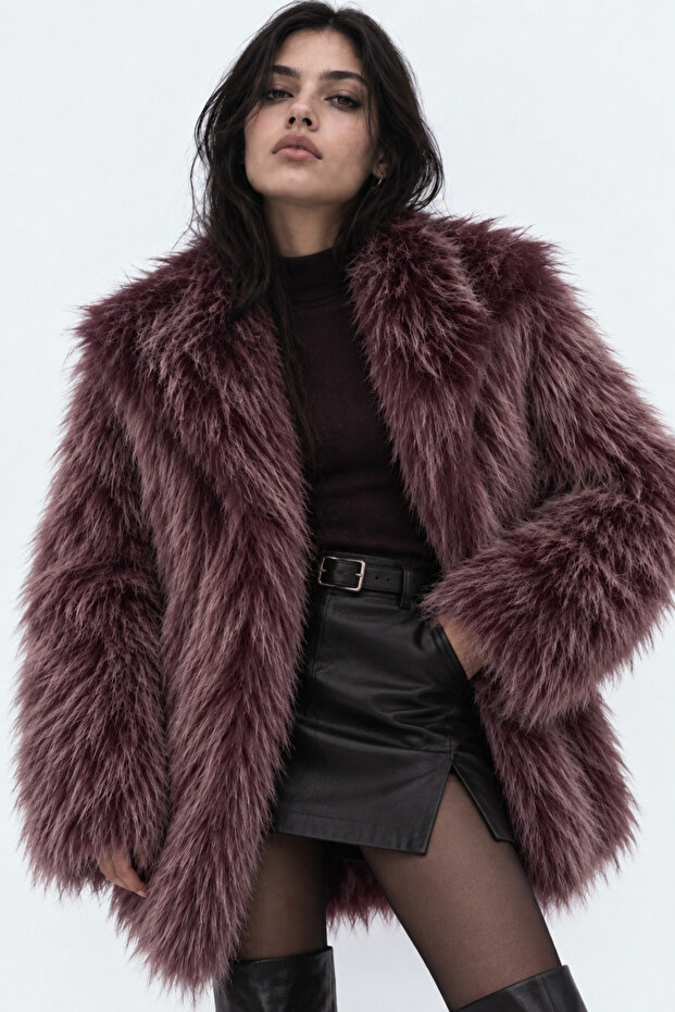 Women's Lined Soft Textured Wide Collar Faux Fur Premium Luxury Jacket