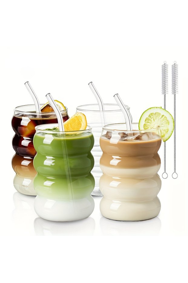 300ml 4pcs 2 High Borosilicate Glass Coffee Cups 350ML/11.8oz with Straw and Brush, Vintage Ripple D