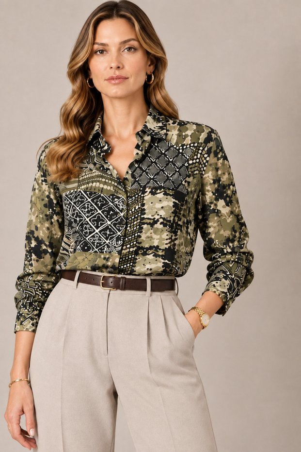 Women's Khaki Viscose Patterned Long Sleeve Buttoned Colored Shirt