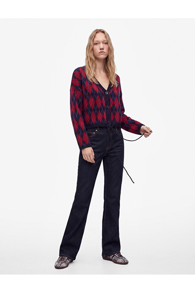V-Neck Long Sleeve Tie-Up Diamond Patterned Knitwear Cardigan with Pockets