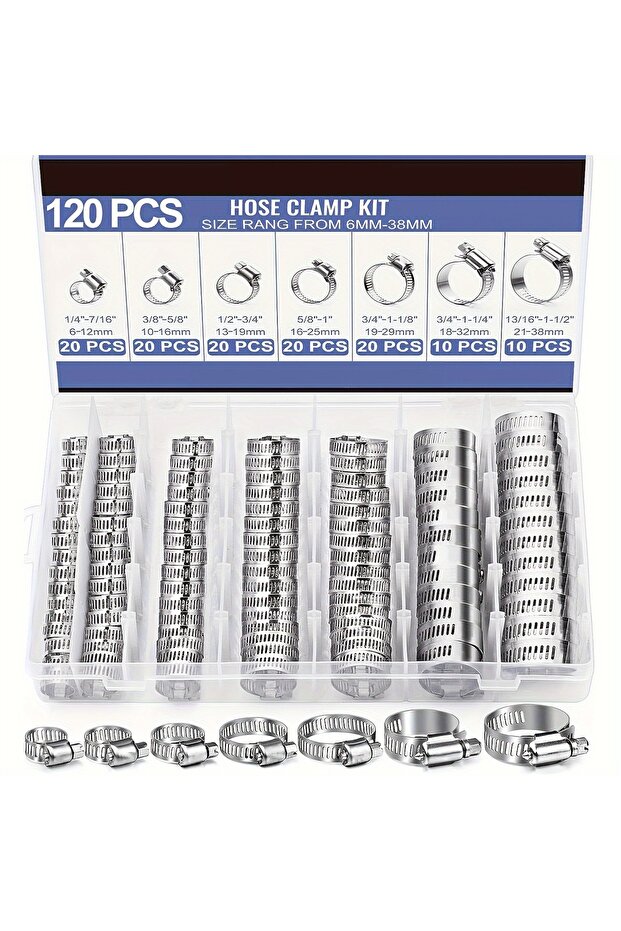 120PCS 60/120pcs Stainless Steel Hose Clamp Kit - Easy-Tighten Worm Gear, 1/4" to 1-1/2", Ideal for