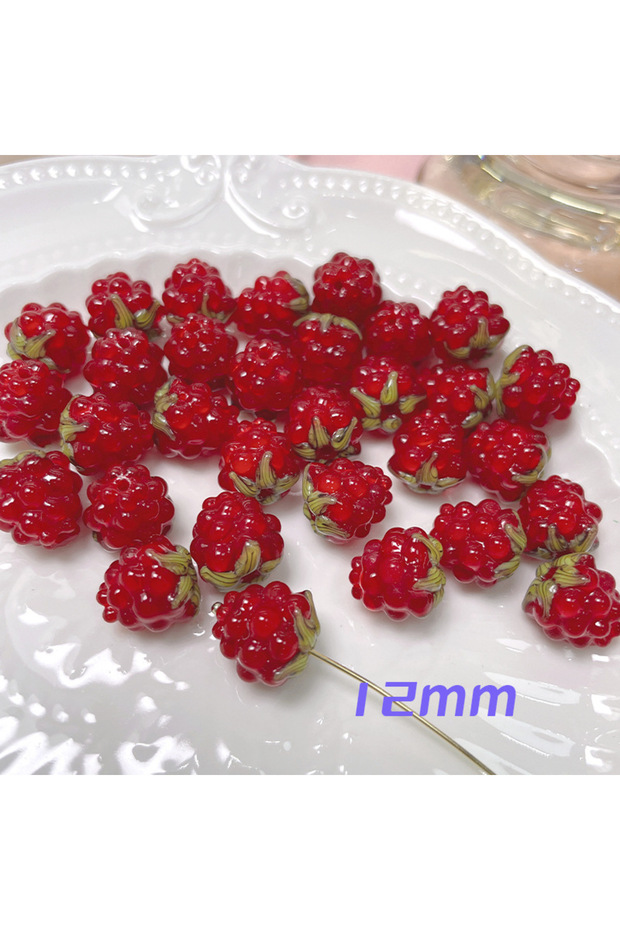 Red-5pcs 5pcs Handmade Glass Raspberry Beads Vibrant Red with Green Leaf Accents for DIY Necklaces B