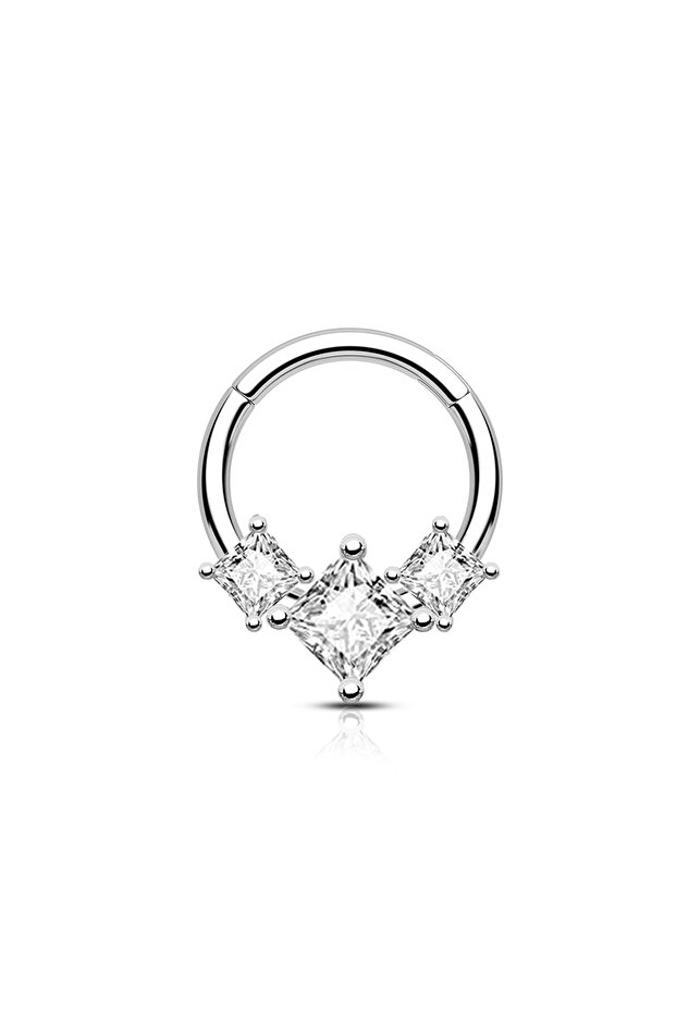 Silver2( 1PC) Cubic Zirconia Flower Hinged Segment Nose Ring piercings Stainless Steel Nose Hoop Sep