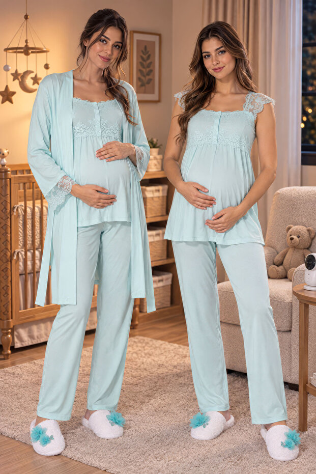 Lace Embroidered Dressing Gown 3-Piece Maternity Pajama Set Effortt - Turquoise