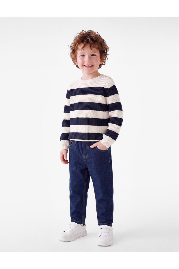 Buttoned Long Sleeve Crew Neck Striped Knitwear Sweater