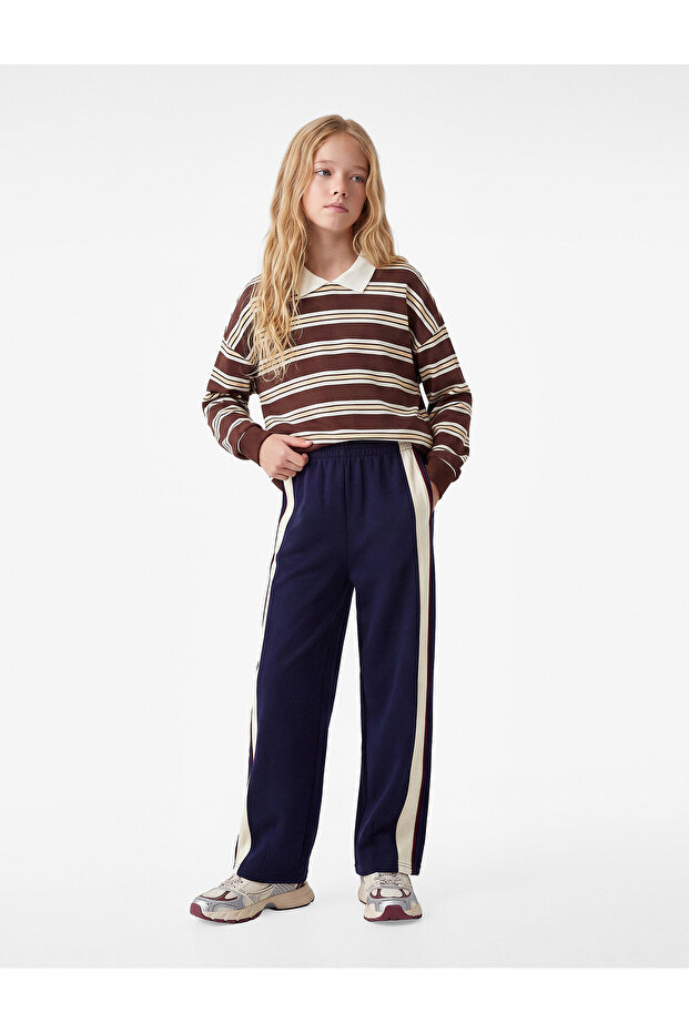 Viscose Blended Color-Contrast Wide-Leg Trousers with Pockets