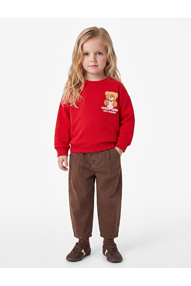 Teddy Bear Printed Long Sleeve Crew Neck Ribbed Sweatshirt with Printed Back