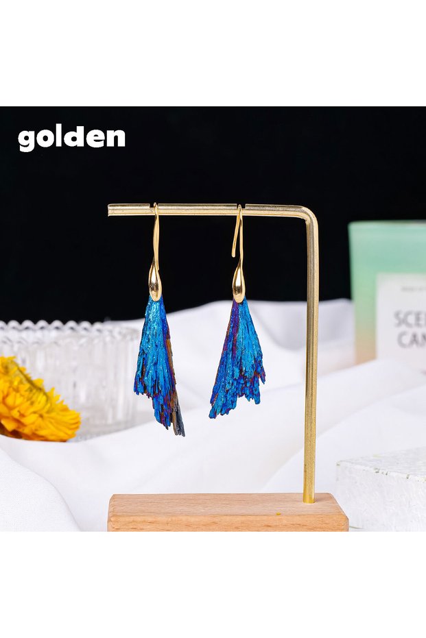 1pair golden 1pair Natural Crystal Aura Black Tourmaline Blue Feather Original Stone Earrings Tourma