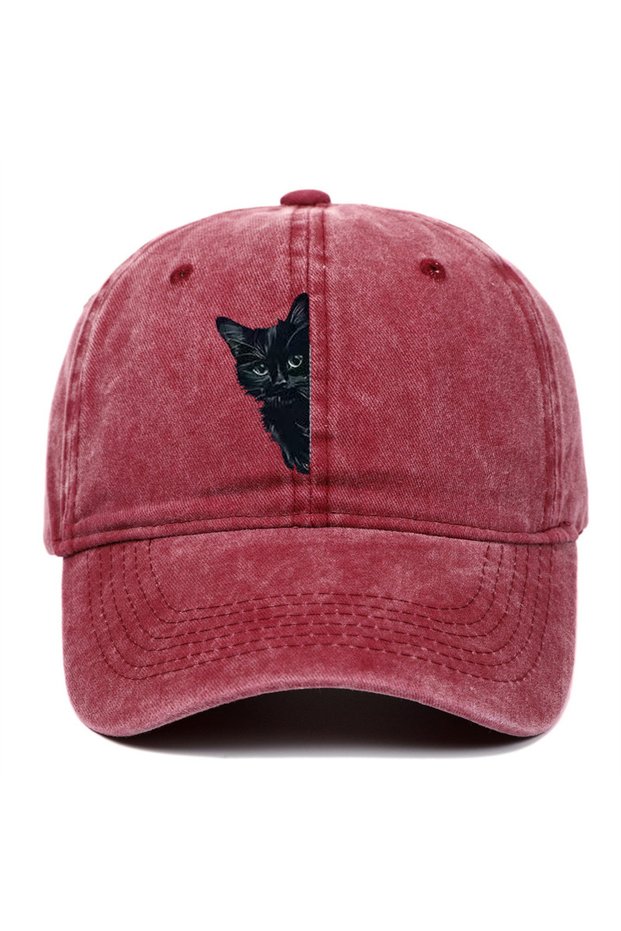 Adjustable Burgundy Retro Fun Little Black Cat Printed Baseball Cap for Both Men and Women Sun Prote