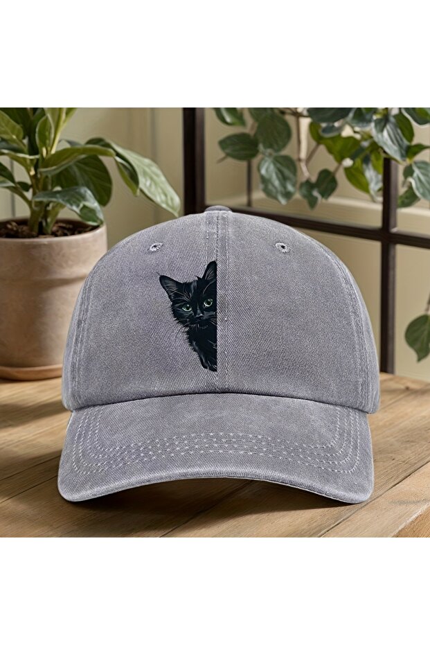 Adjustable GRAY Retro Fun Little Black Cat Printed Baseball Cap for Both Men and Women Sun Protectio