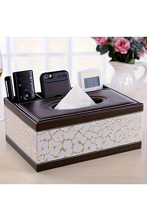 White Elegant Faux Leather Tissue Box Cover with Remote Holder - Stylish Living Room Decor, Desktop