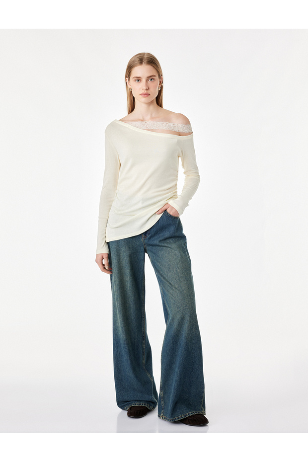 Long Sleeve Lace Detailed Asymmetrical Off-Shoulder T-Shirt