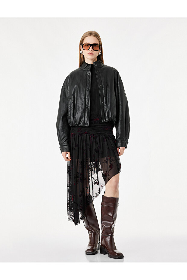 Drapeli Asymmetrical Velvet Floral Patterned Tulle Skirt