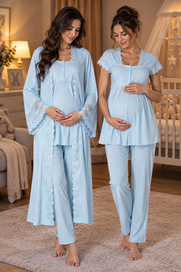 Cotton Maternity and Postpartum Pajama Set with Breastfeeding Feature – Elastic Waistband – Blue