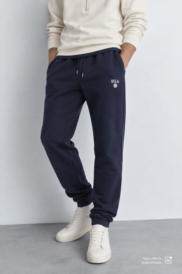 Luskin Navy Blue Slim Fit Elastic Cuffed Printed Standard Fit Men's Sweatpants