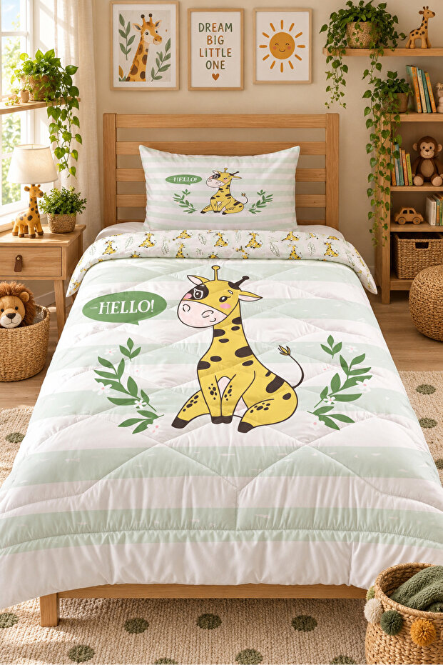 Cute Giraffe Patterned Double-Sided 160X220 cm Sleeping Set, Single Quilted Quilt Without Sheets