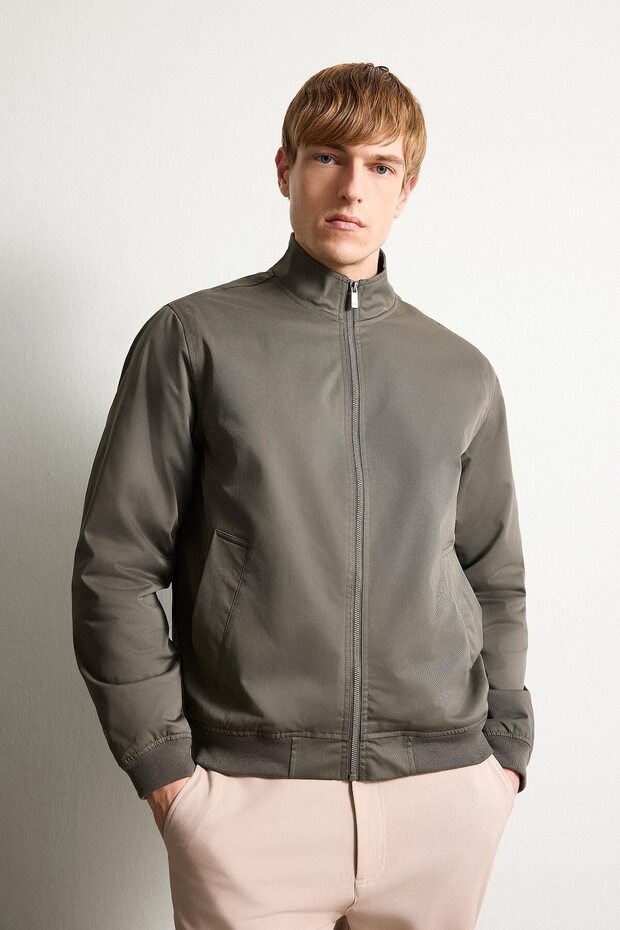 Slim Fit Lined Zippered Khaki Men's Coat D7338Ax/Kh522