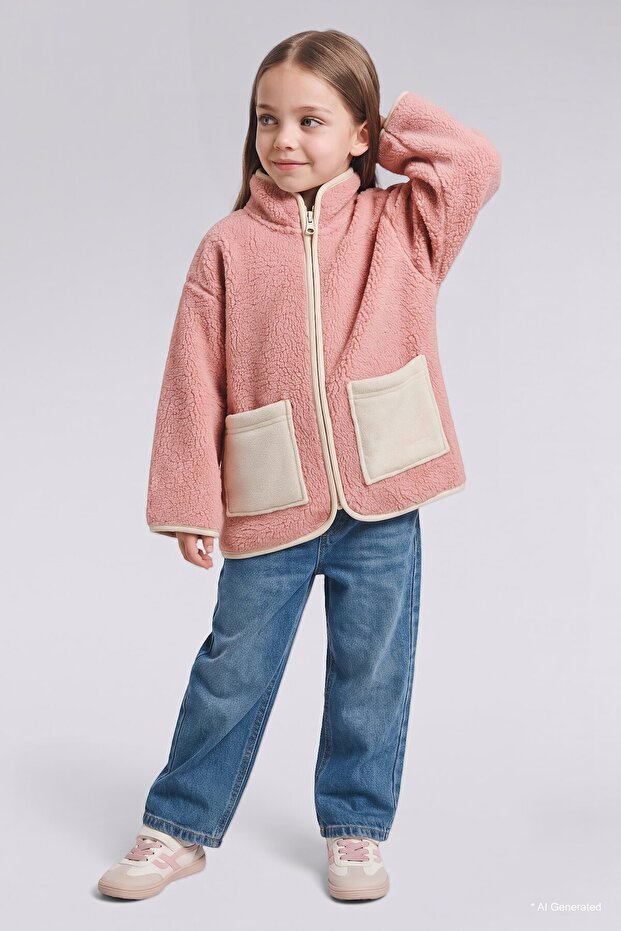 High Collar Zippered Pocket Plush Cardigan for Baby Girl H9006A526Au