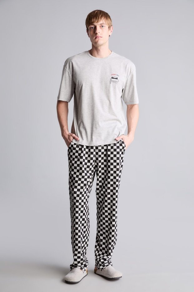 Boxy Fit Short Sleeve Printed Top Checkered Pattern Bottom 2-Piece Pajama Set I3018Ax26Au