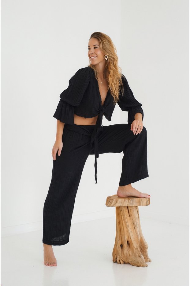 Women's Black Muslin Fabric Tie-Front Crop Blouse and Wide-Leg Pants Two-Piece Set