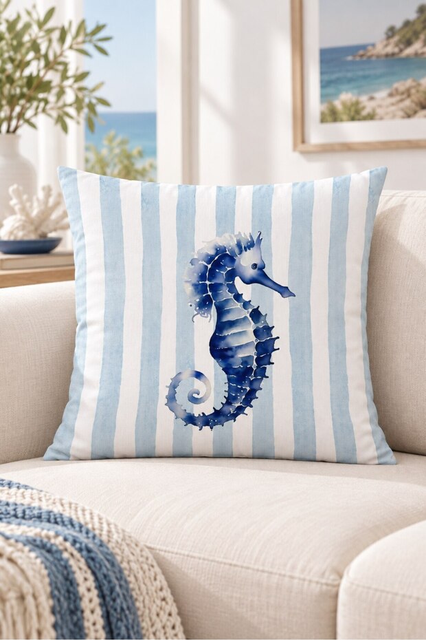 Blue Sea Horse Patterned Striped Double-Sided Printed Suede Decorative Throw Pillow Cover 43X43