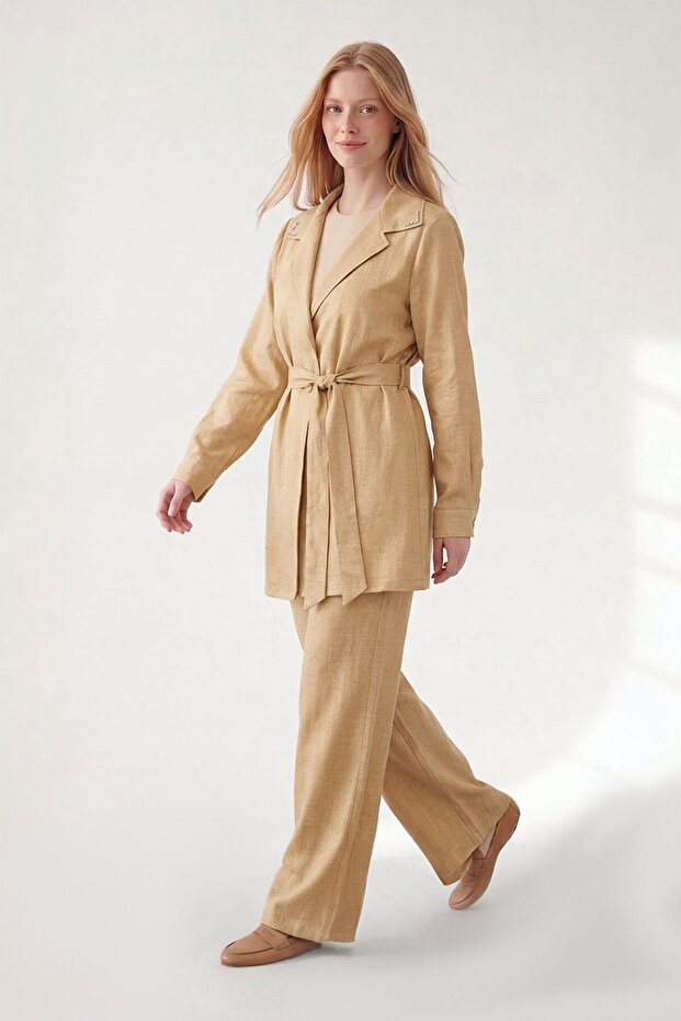 Stone Embellished Collar Jacket Set Dark Beige