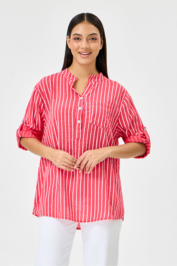 Women's Red Italian Line Pattern Court Collar Folded Fakir Sleeve Half Buttoned Blouse 40 - 44 Size