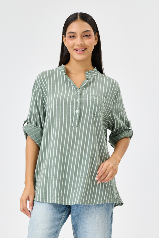 Women's Khaki Italian Line Pattern Court Collar Folded Fakir Sleeve Half Buttoned Blouse 40 - 44 Size