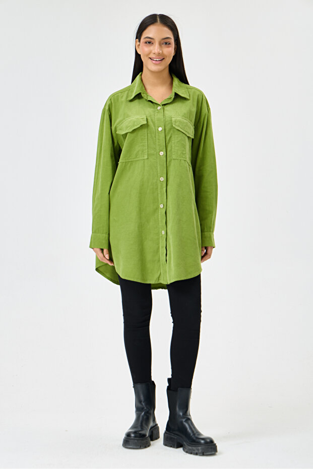Women's Green Italian Long Velvet Oversize Shirt Tunic 40 - 46 Size