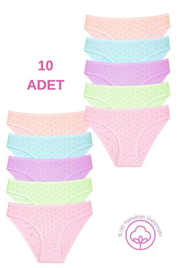 1501 Women's Heart Patterned 100% Cotton Bikini Briefs, Pack of 10