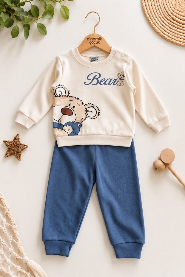 Baby Boy Teddy Bear Toy Bear Front-Back Printed 2-Piece Tracksuit Set – Transitional 2-Thread Bottom Top Set