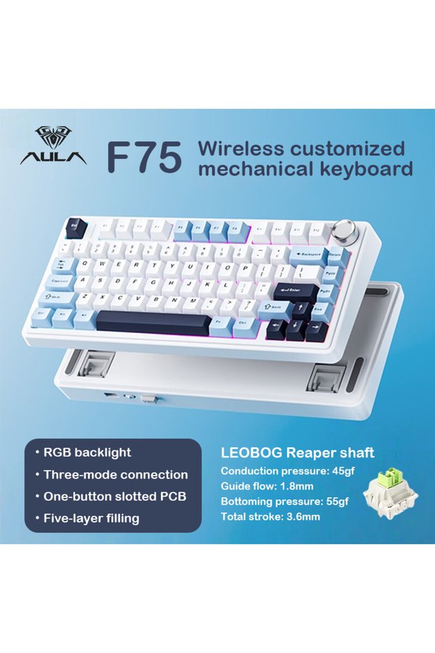 Reaper axis Glacier blue F75 Mechanical Keyboard, Wireless with Three Modes, Gasket Struct