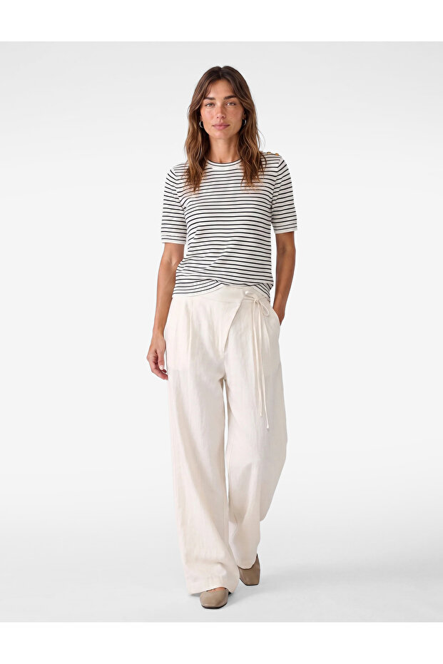 Buttoned Crew Neck Short Sleeve Striped Knitwear T-Shirt