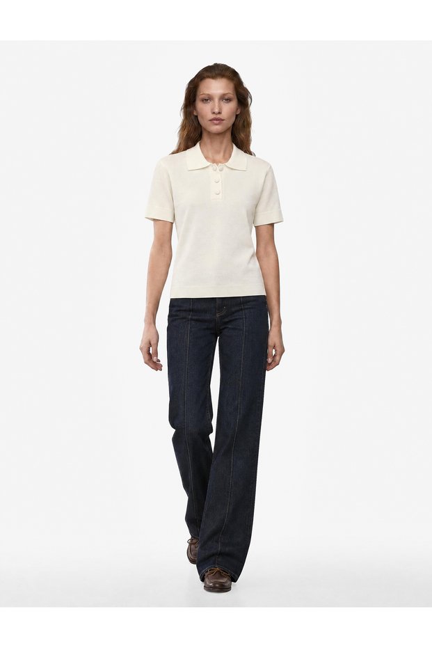 Viscose Blended Buttoned Polo Collar Short Sleeve Knit Sweater