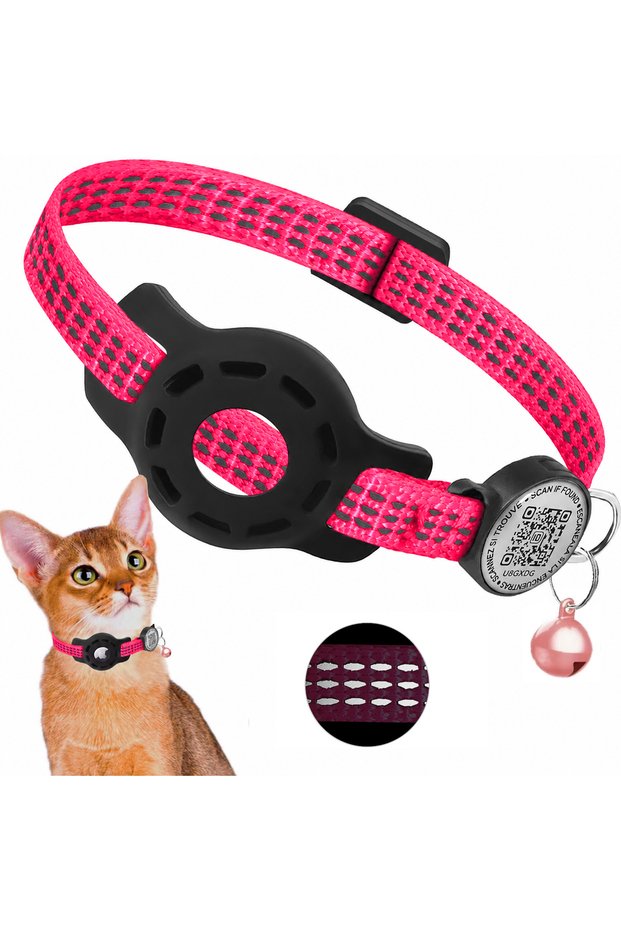 Airtag not included D-Pink(No Tracker) Cat GPS Collar with QR Code Tag & Airtag Case Reflective App