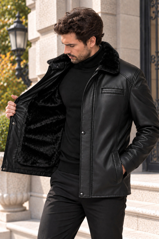Enzo Genuine Lambskin Men's Chestnut Coat with Removable Fur Detail