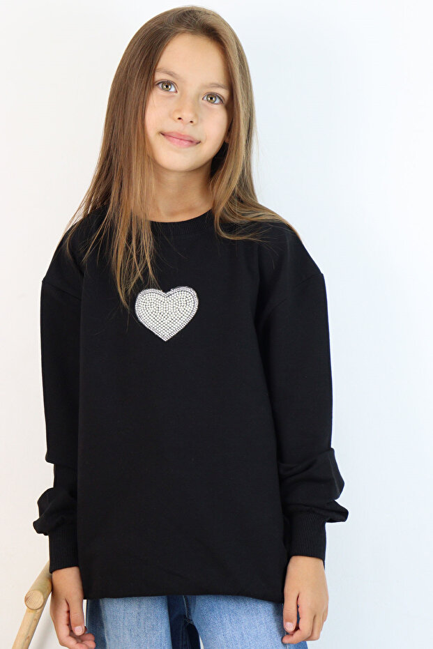 Girl's Sweatshirt Sparkling Heart Tale Pearl Embroidered 9-14 Years Old, Black