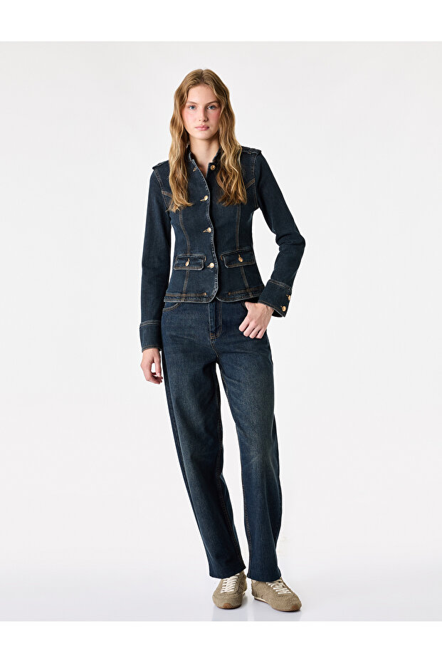 Cotton Buttoned Stand Collar Denim Jacket with Pocket Detail and Shoulder Epaulettes