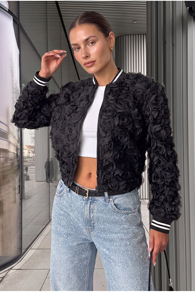 Women's New Season, Black, Rose Süzüneli, Zippered Jacket Coat