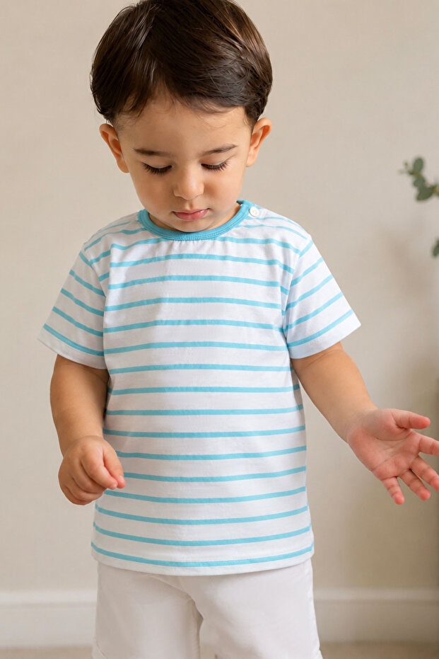 Boy's T-Shirt with Patches and Stripes, 1-3 Years, Turquoise