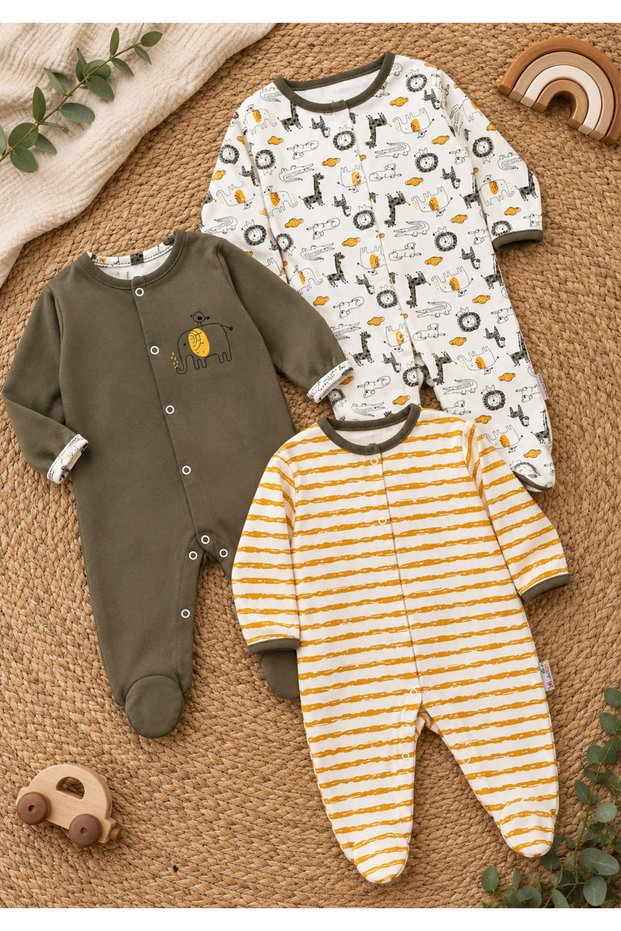 Baby Boy Outfit Safari Patterned 3-Piece Jumpsuit Set with Colorful Booties Newborn 0-3-6-9 Months