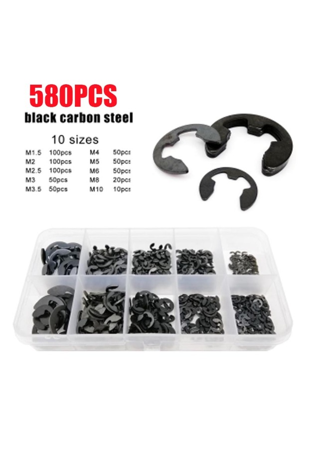 580PCS M1.5-M10 580/1000pcs Black Carbon Steel Circlip Kit M1.2 to M15 E-Clip Snap Ring Assortment f