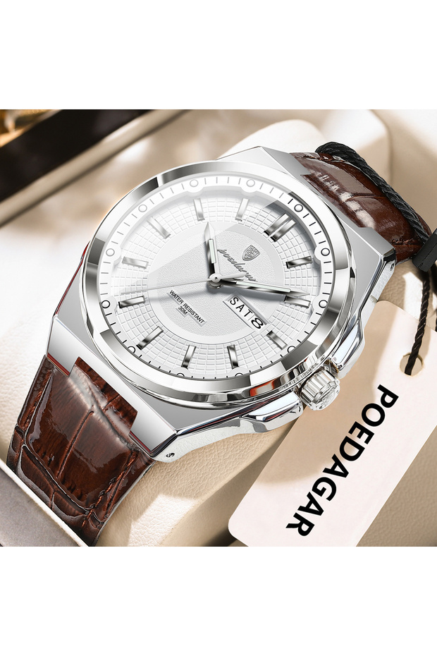 896 Silver White POEDAGAR Fashion Brand Man Wristwatch Waterproof Luminous Date Week Quartz Luxury M