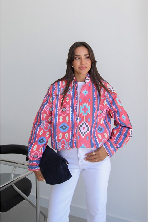 Pomegranate Flower Retro Patterned Zipper Jacket